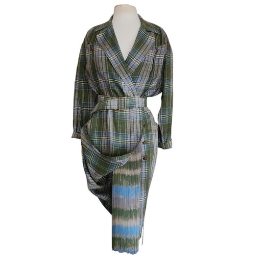 Vintage 1980s Thierry Mugler Dress Runway Collection Plaid Linen Wrap Hidden Fringe Belted Midi FR 38
