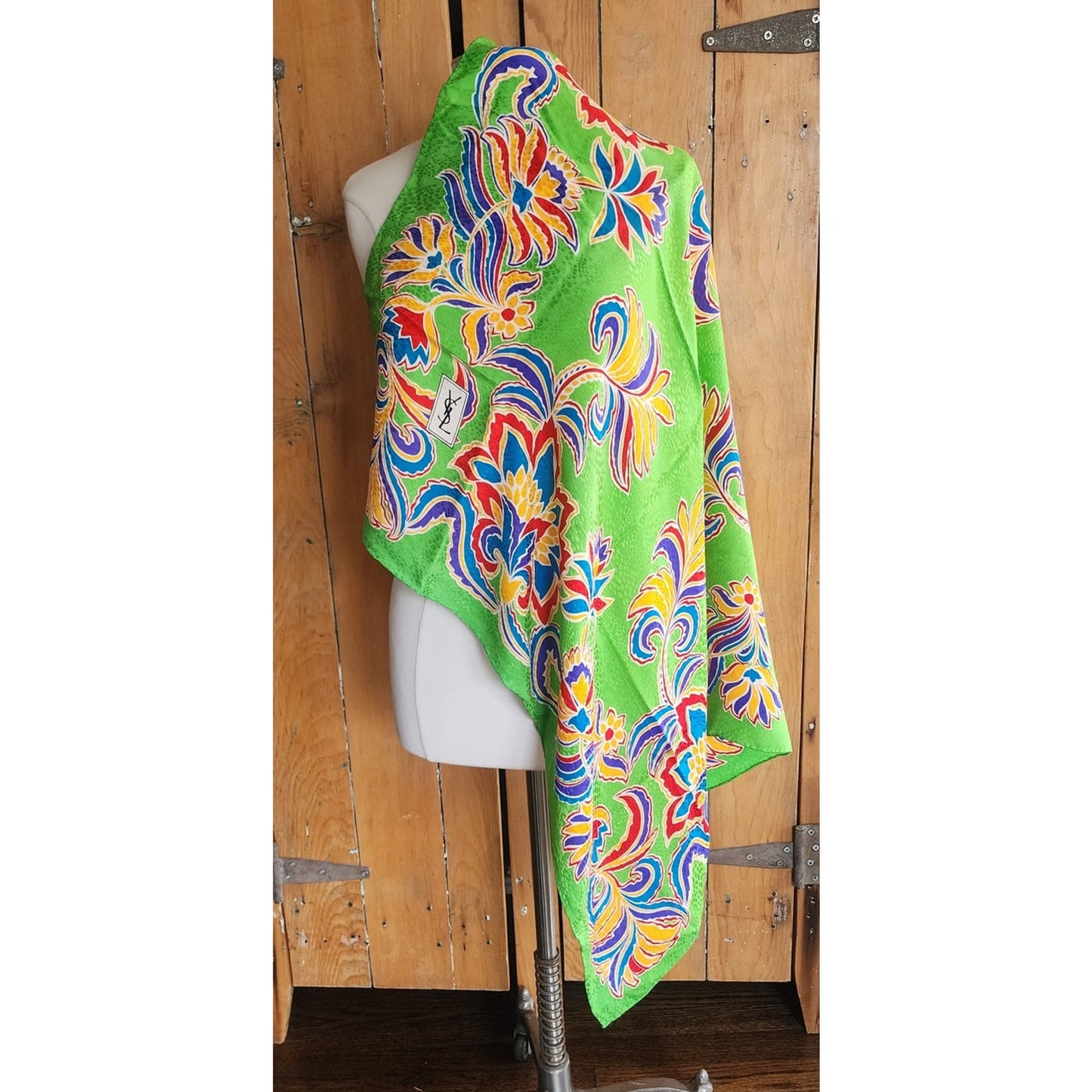 Vintage YSL Scarf Silkprint Square Floral Paisley Green Yves Saint Laurent 1970s 1980s