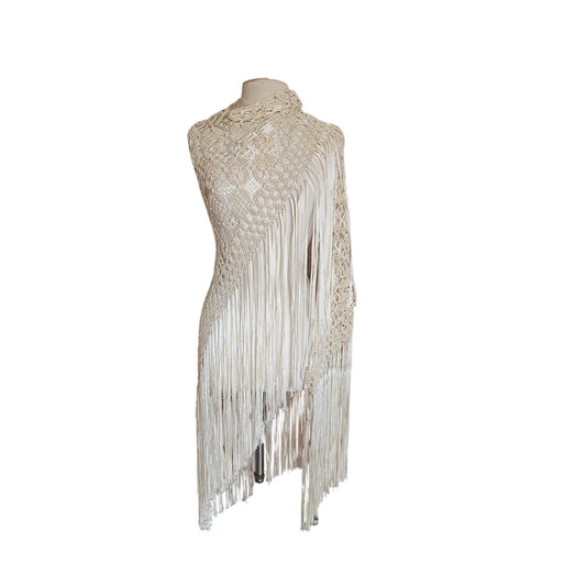 Vintage Cream Crochet Lace Piano Shawl Oversized Macrame Silk Ribbon Wrap Fringed