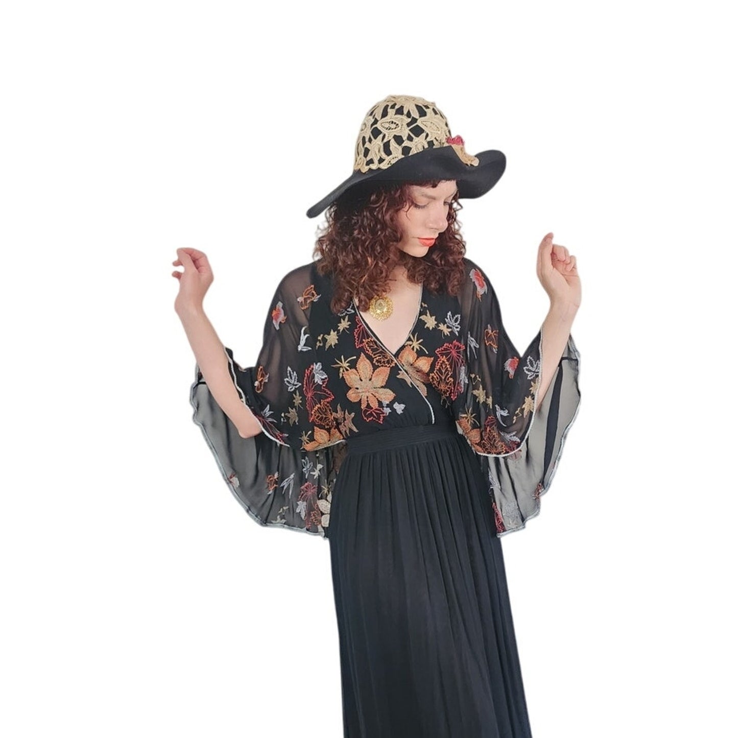 Vintage 1970s Janice Wainwright Dress Embroidered Black Maxi Butterfly Sleeves XS Tall