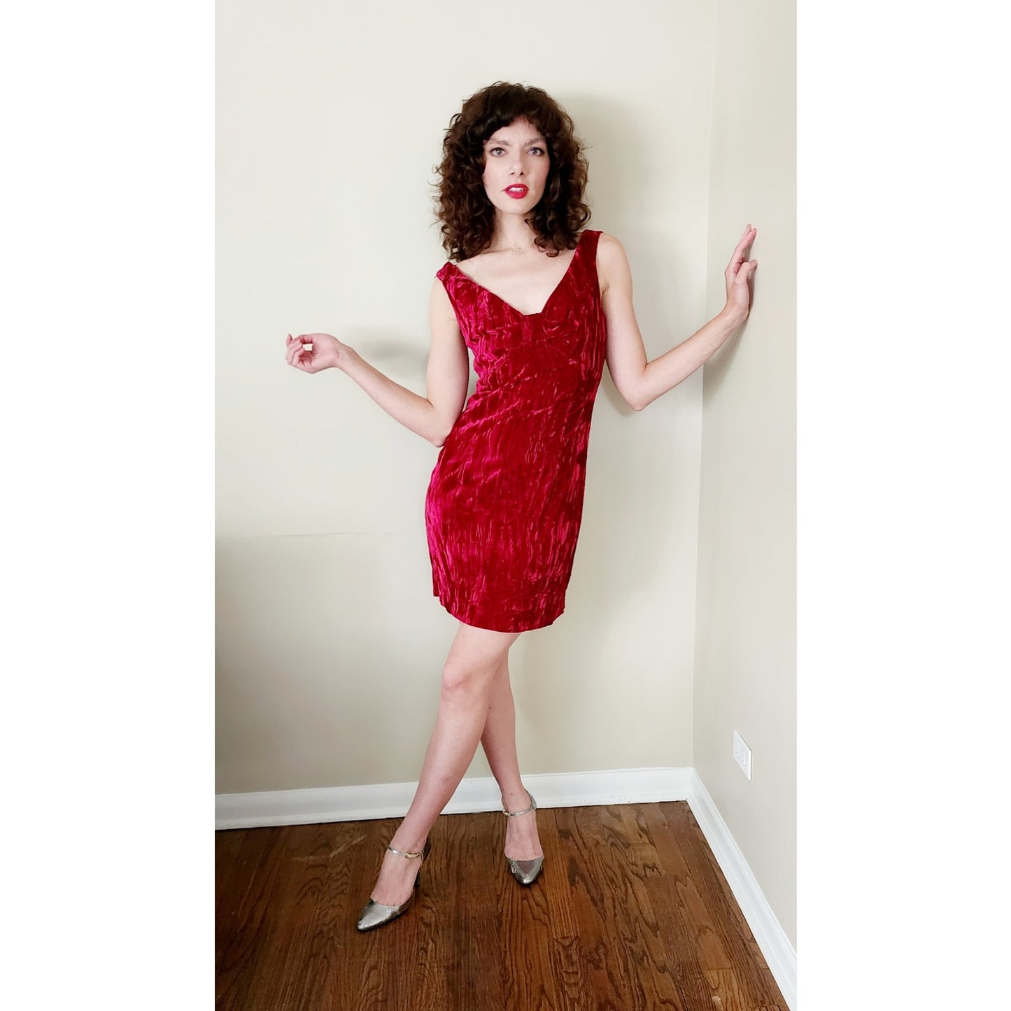 Vintage 90s Velvet Party Dress Burgundy Red Contempo Casuals