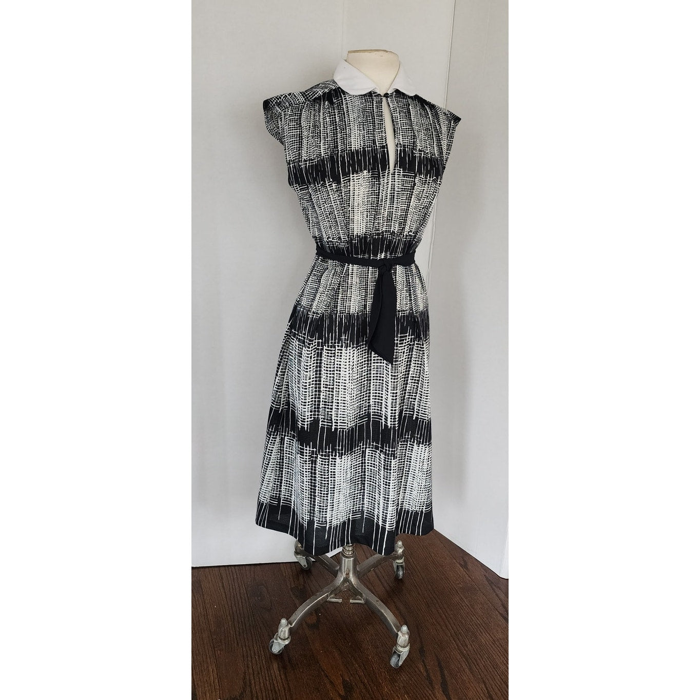 Vintage 70s Day Dress Black White Stripe, Belted,  Lady Page