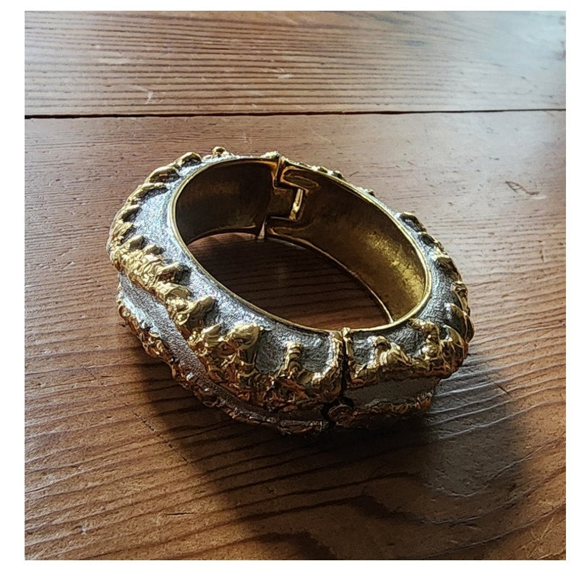 Vintage 70s Jomaz Bracelet Joseph Mazer Sculptural Brutalist Two Tone Gilt Clamper Bangle