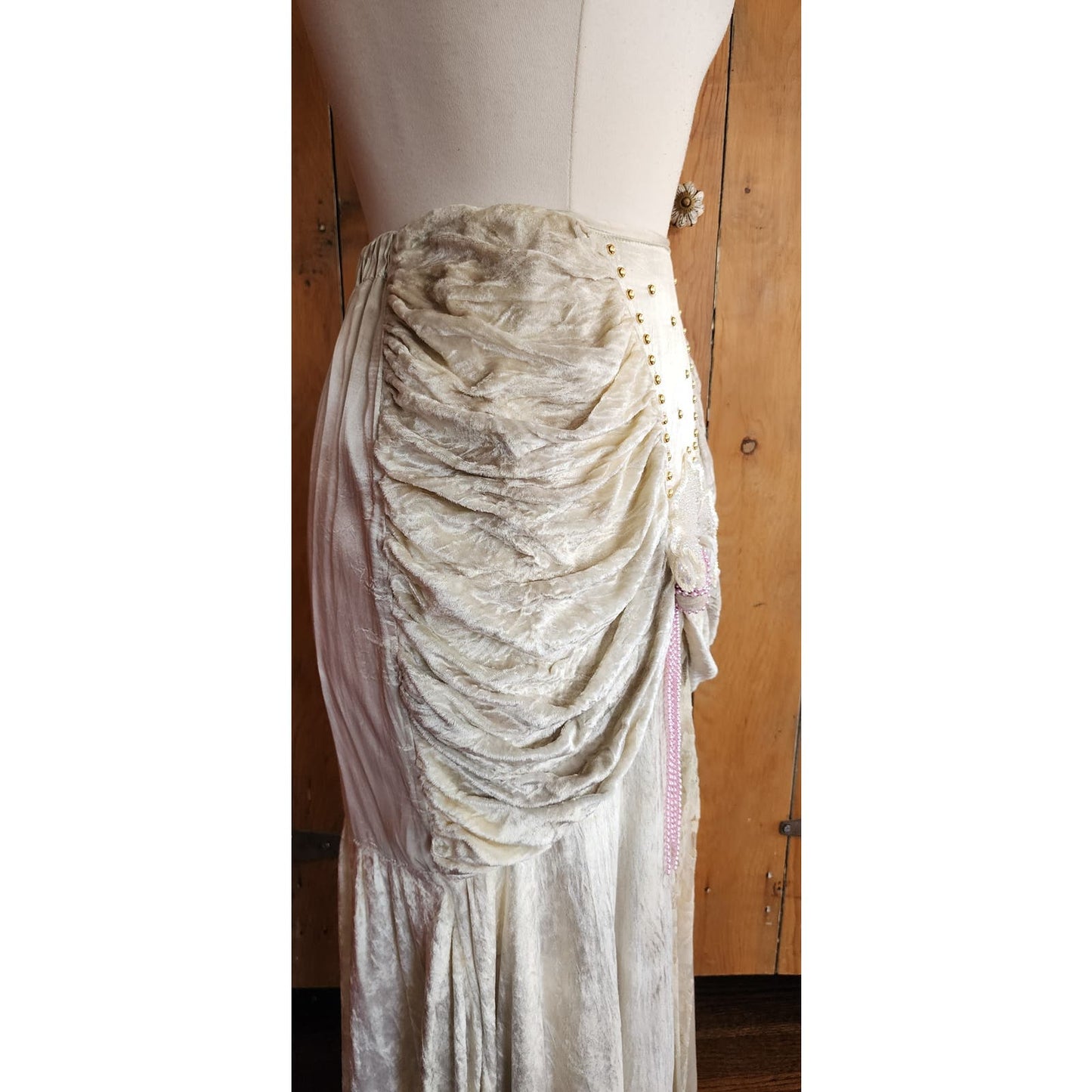 Vintage 80s Long Velvet Skirt Maick Harold, Asymmetrical w/Lace, Beads