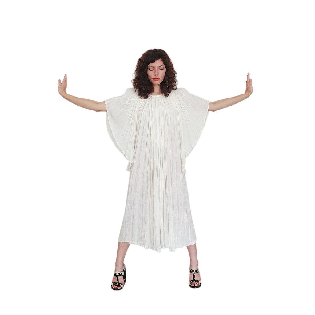 Vintage 1970s Amerikan Climax Tent Dress White Cotton Gauze Angel Butterfly Sleeves