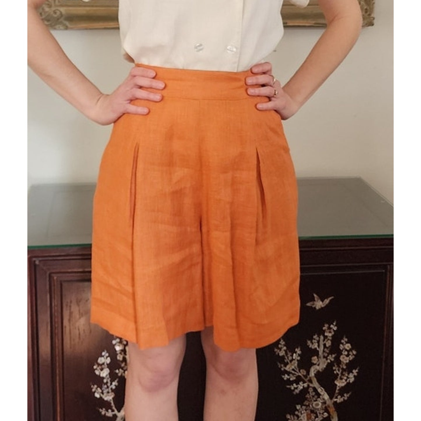Vintage 1980s Orange Linen Dress Shorts Pleated Front by Perlie / M