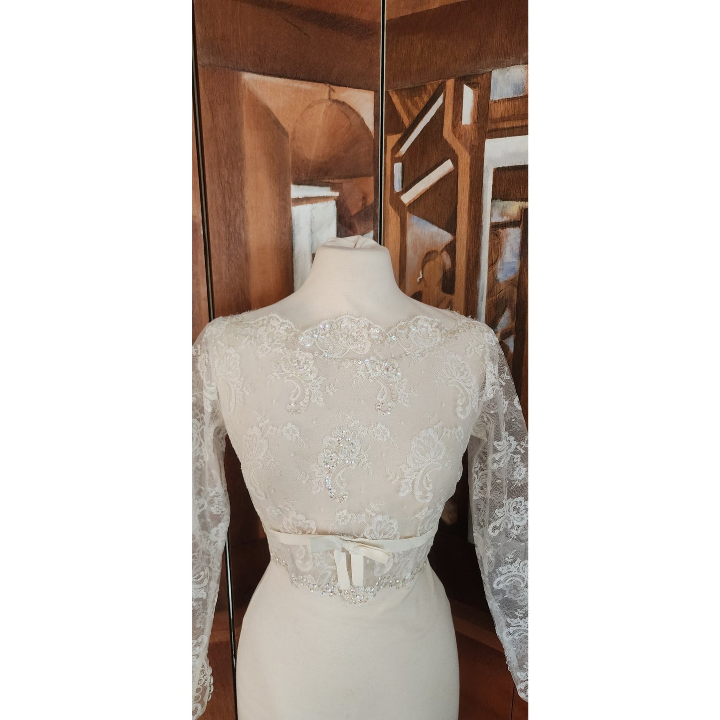 Vintage 50s Bridal Top Jacket Sheer White Lace & Sequins Long Sleeved