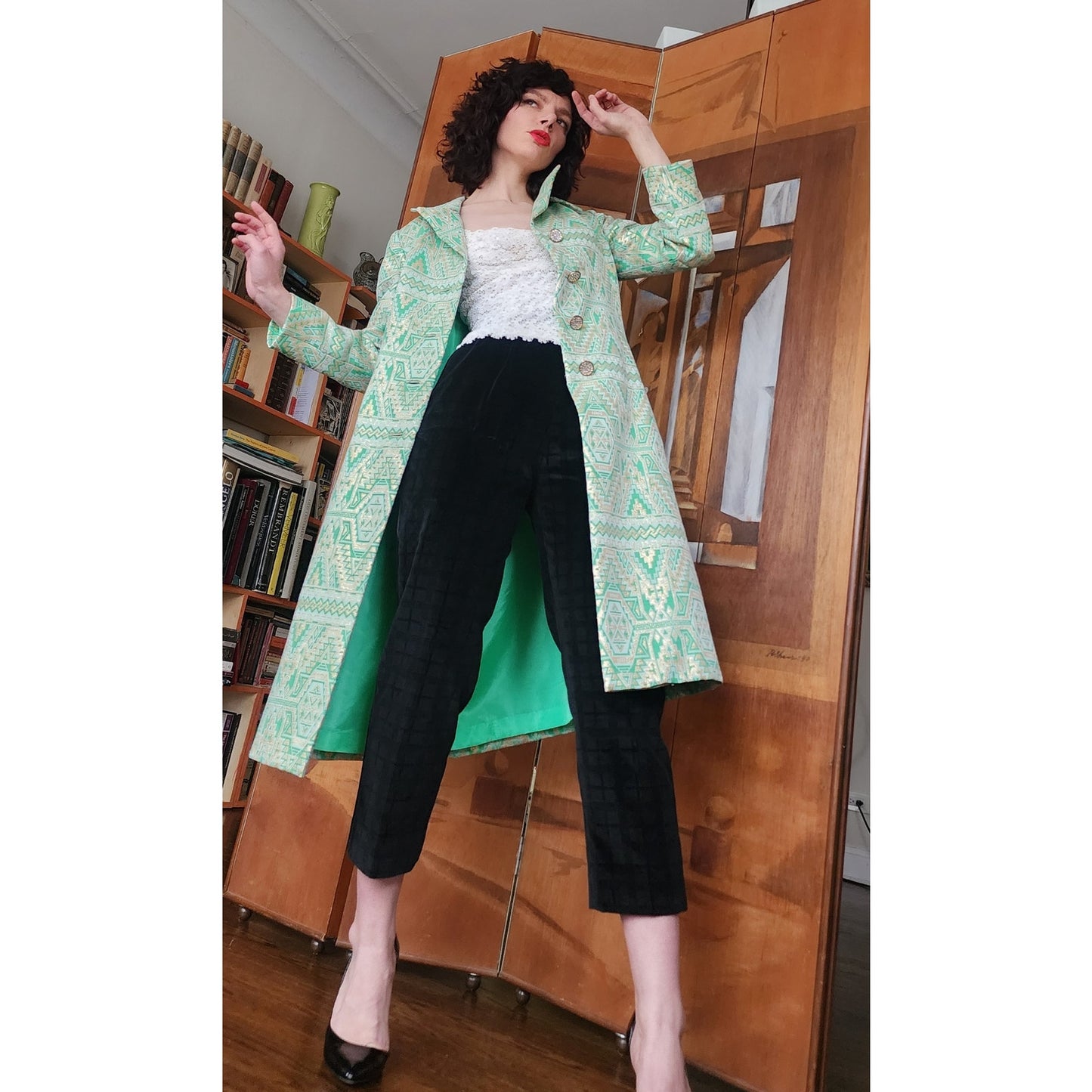 Vintage 60s Geometric Print Green Coat Mod Belted Chas A Stevens Medium