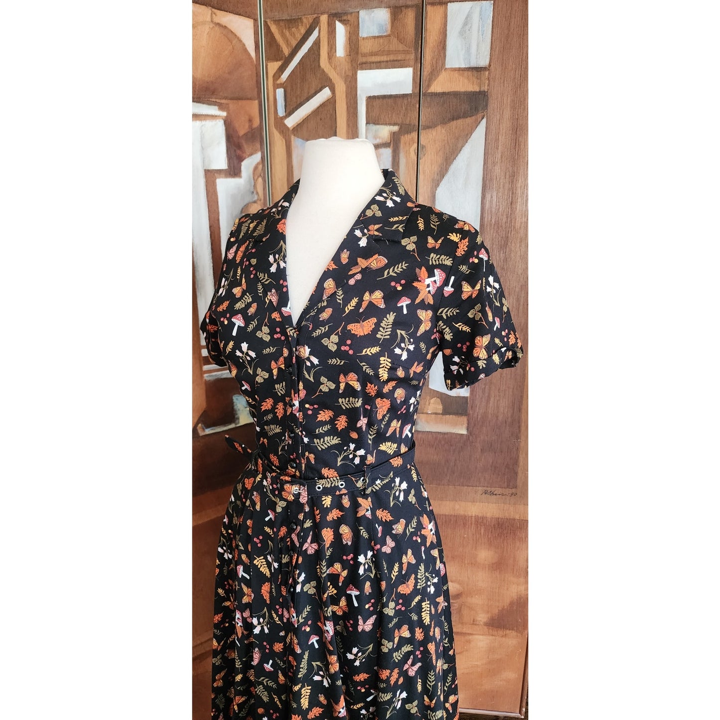 COLLECTIF Retro 50s Style Shirtdress Rockabilly Dancing Dress Mushroom Butterfly Print