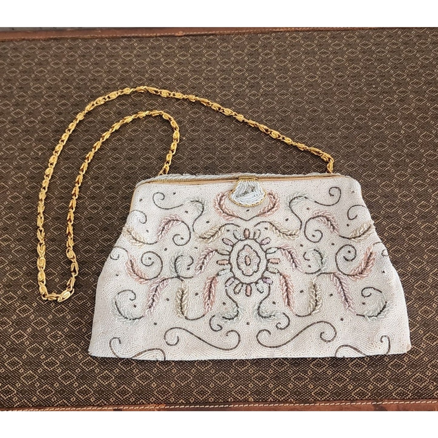 Vintage 50s Evening Bag in White Microbeads France Elaborate Scrollwork Octopus