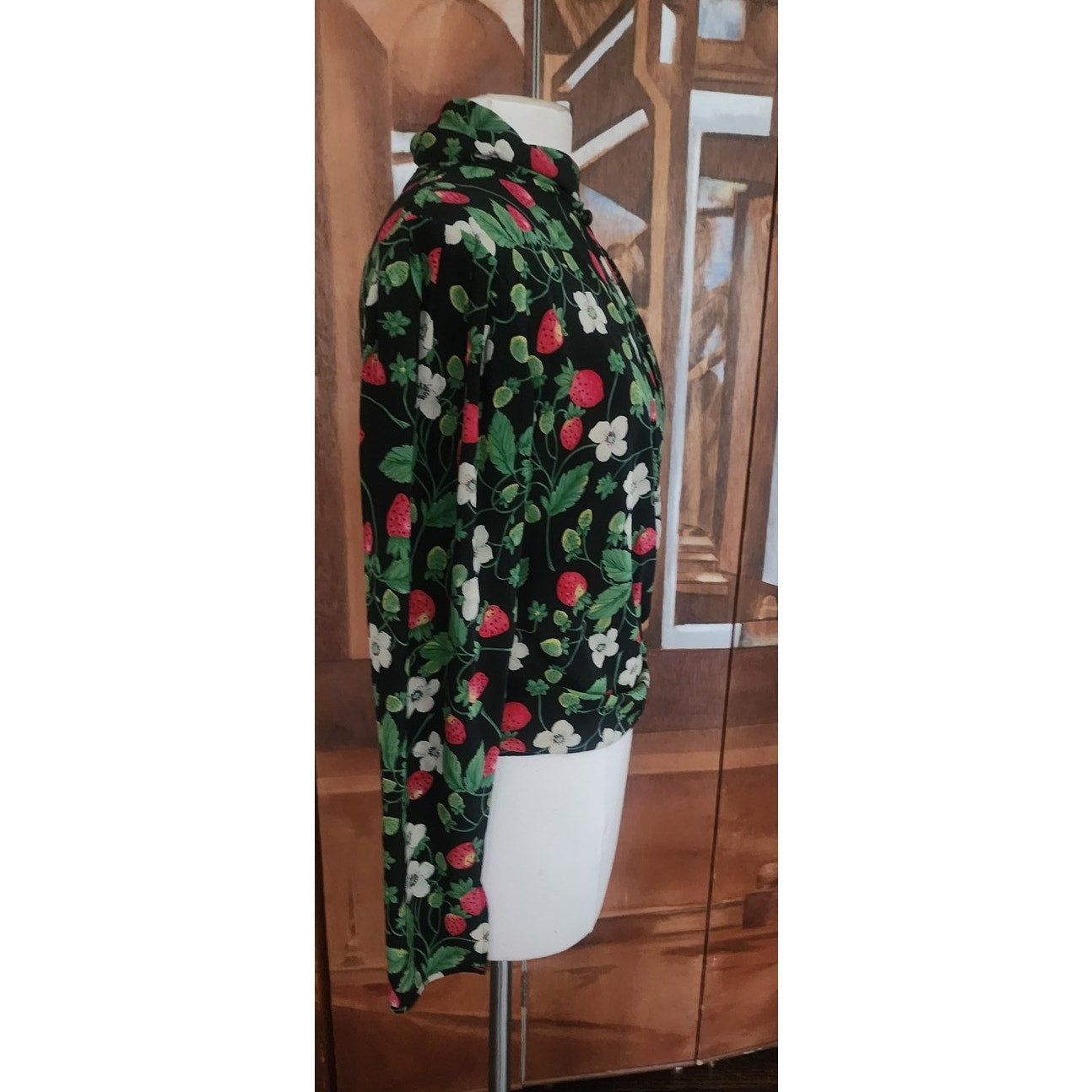 Vintage 1980s Emanuel Ungaro Parallele Blouse Strawberry Floral Print Silk Long Sleeve Shirt
