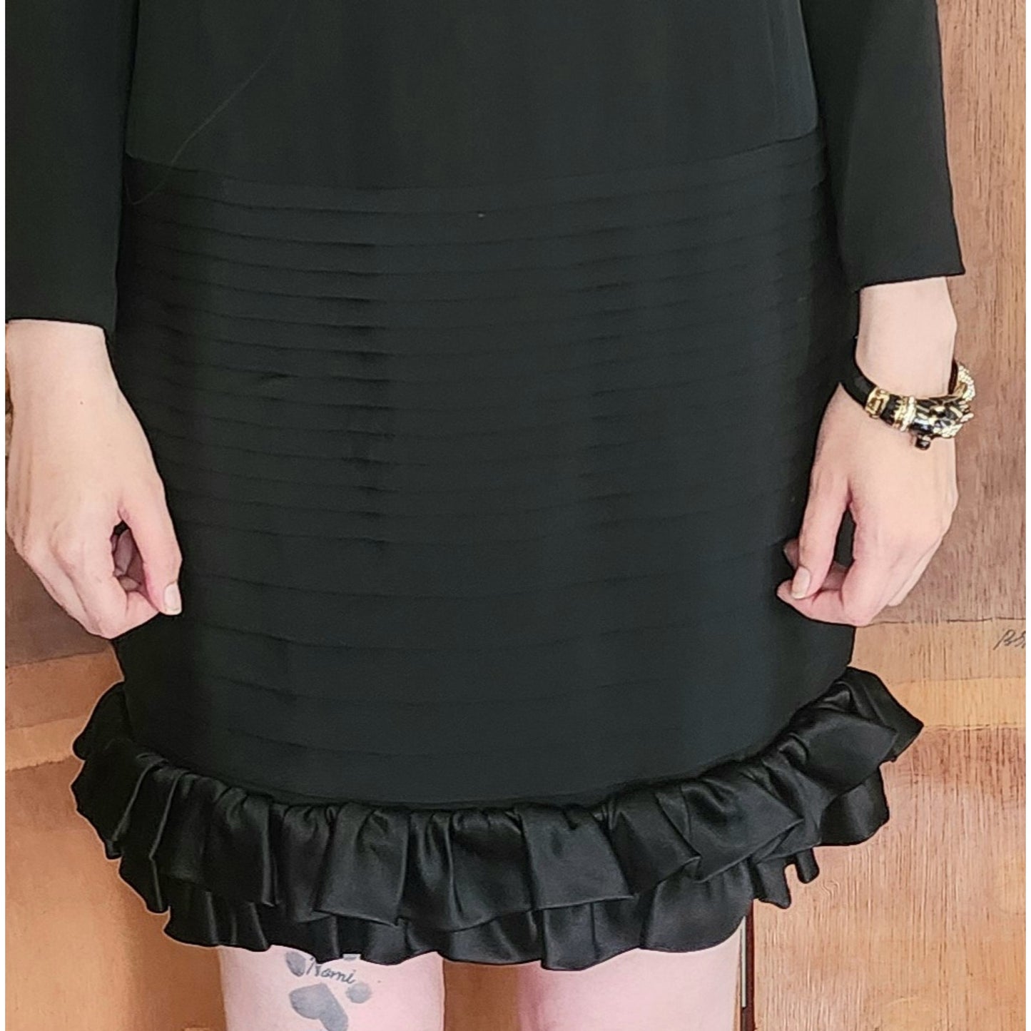 Vintage 1980s Galanos Dress Black Silk Crepe Mock Neck Pintuck Skirt Ruffle Hem