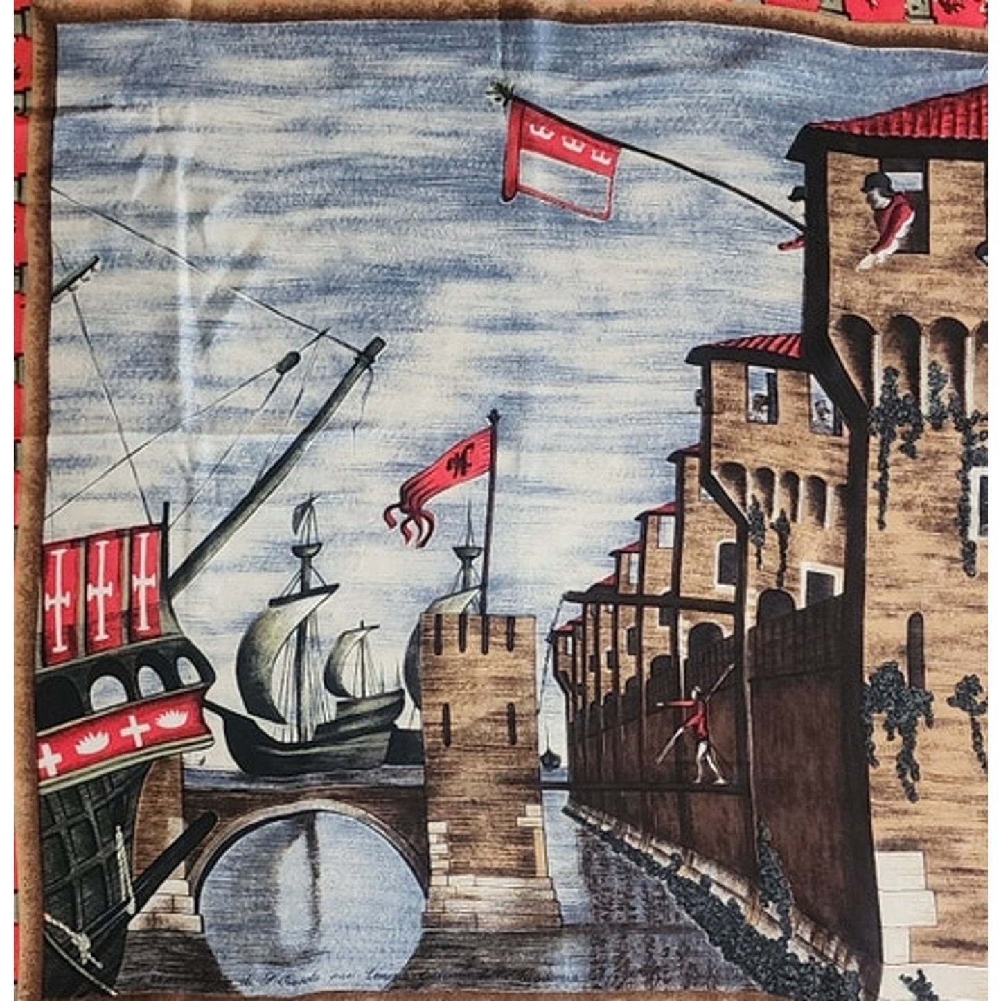 Vintage 1940s Silk Scarf Italian Renaissance Painting Venice Port Ships Carpaccio Marshall Field