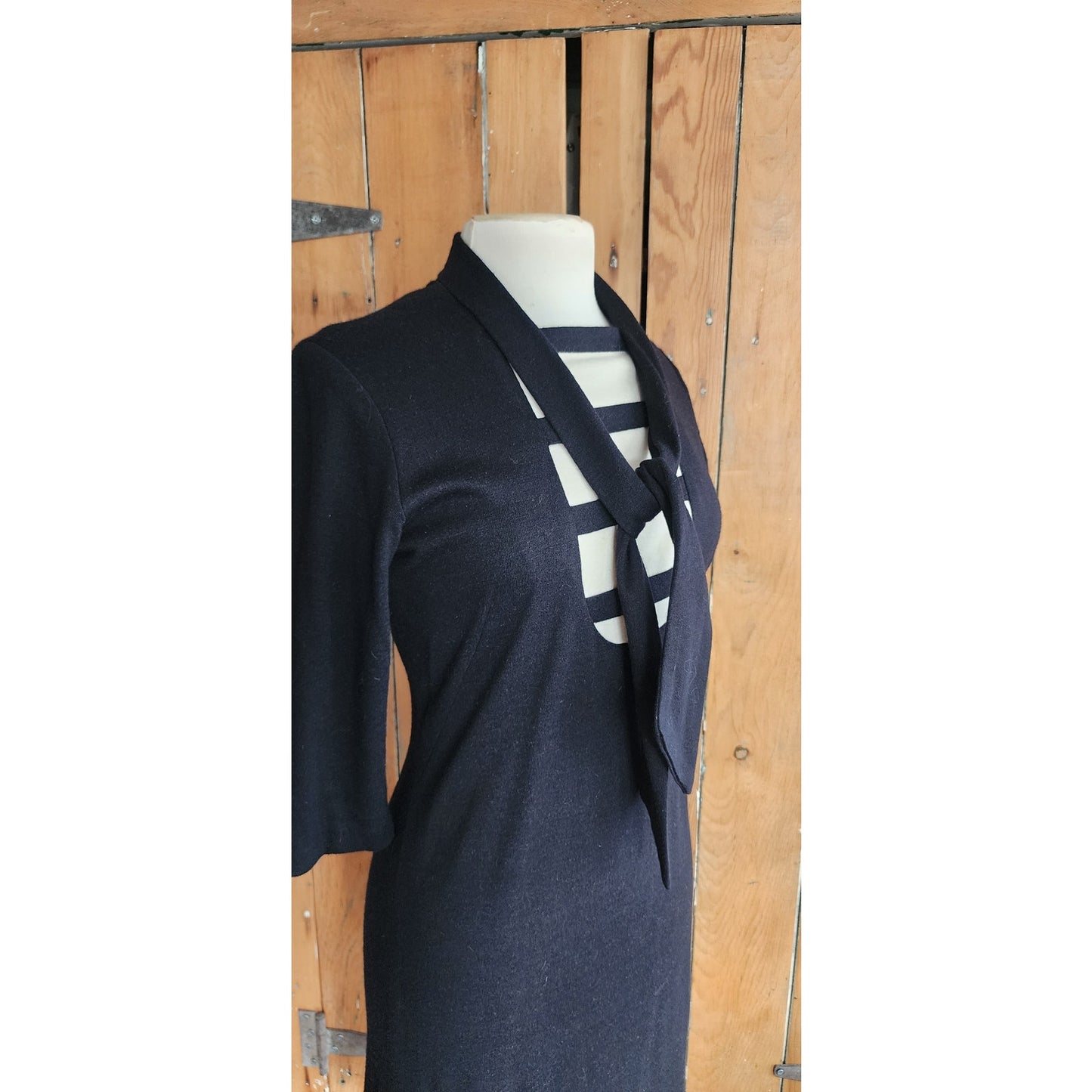 Vintage 1960s Mod Dress Black White Stripe Ascot Tie  Stretchy / Medium