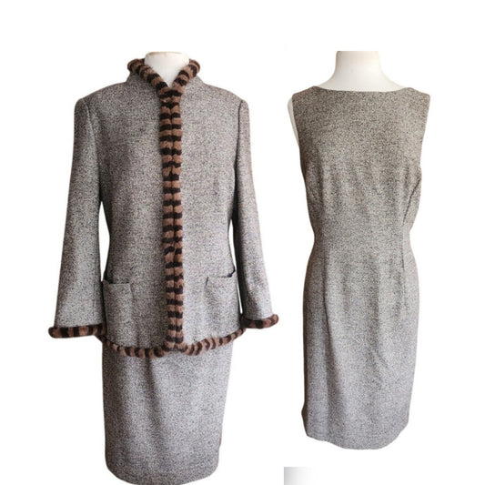 Vintage ESCADA Dress + Jacket Suit Set Alpaca Blend Wool Tweed Striped Mink Fur Trim / L