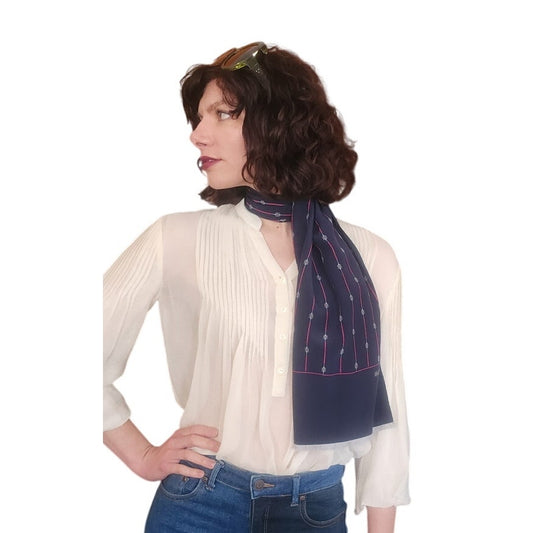 Vintage 70s Gucci Silk Scarf Navy Blue Horsebit Print Rectangular Fringed