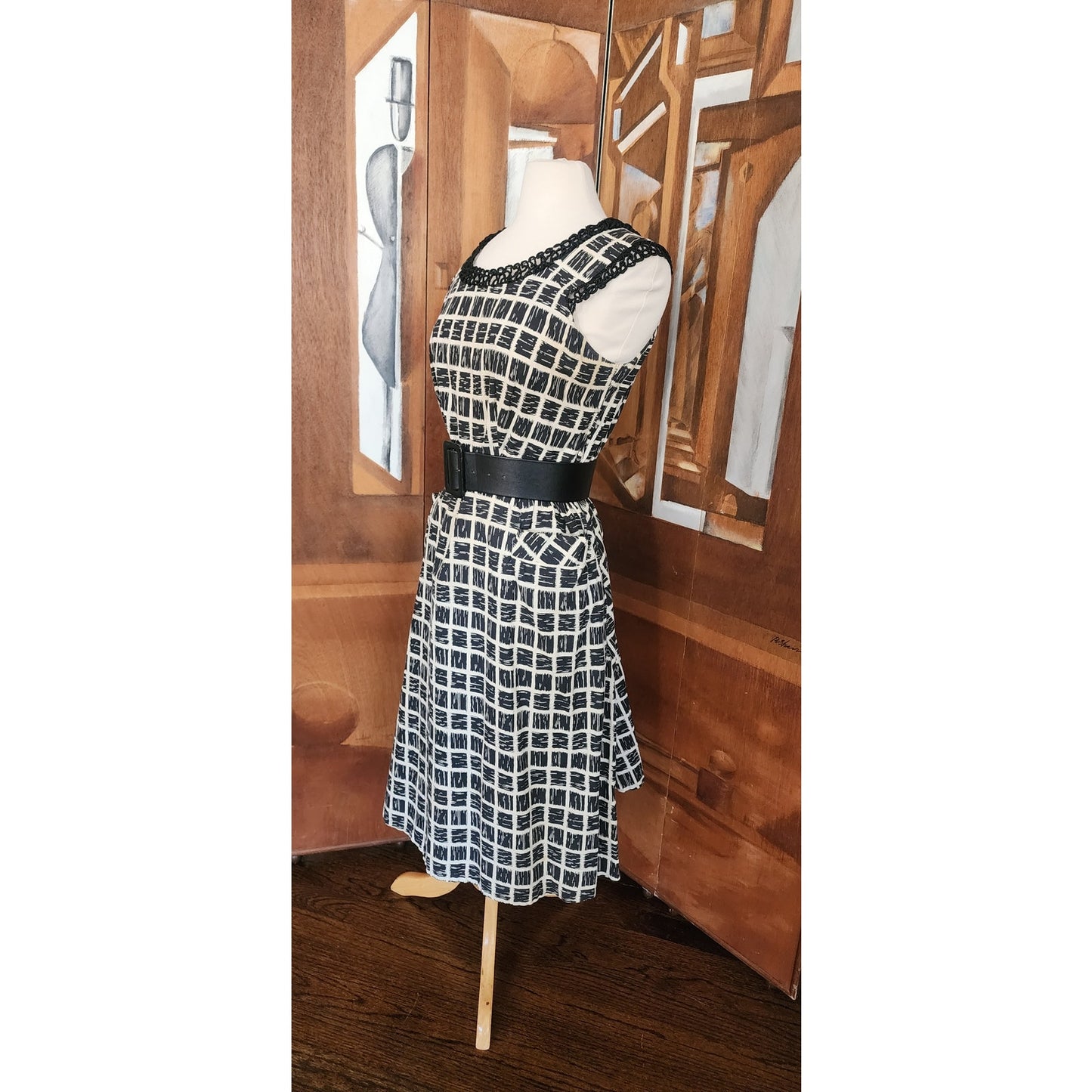Vintage 50s Cotton Print Dress Black White Check Belted / M to L