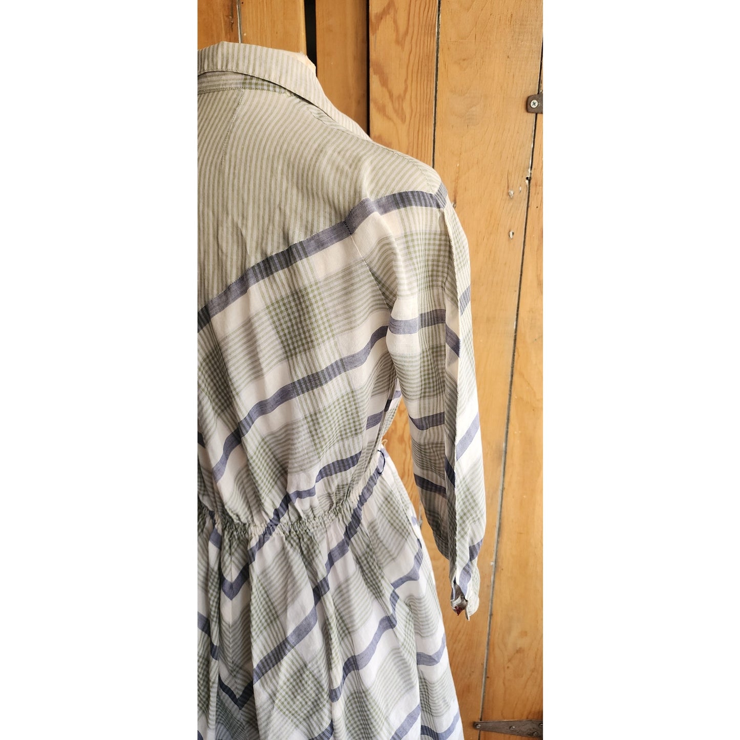 Vintage 50s Gray Dress Chevron Strip Plaid Print  / Medium