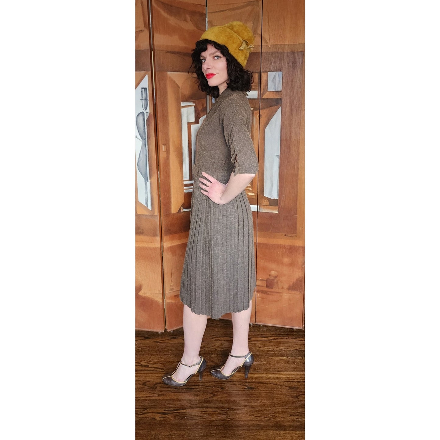 Vintage 40s Day Dress Textured Belted Brown Olive Green Kabro of Houston