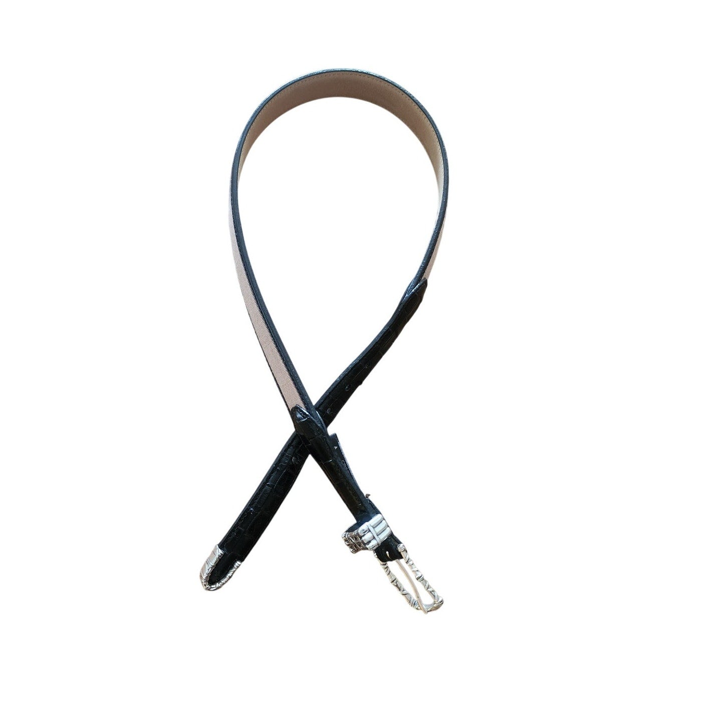 Vintage 1990s Brighton Leather Belt Black Leahter Beige Canvas Silver Buckle 28
