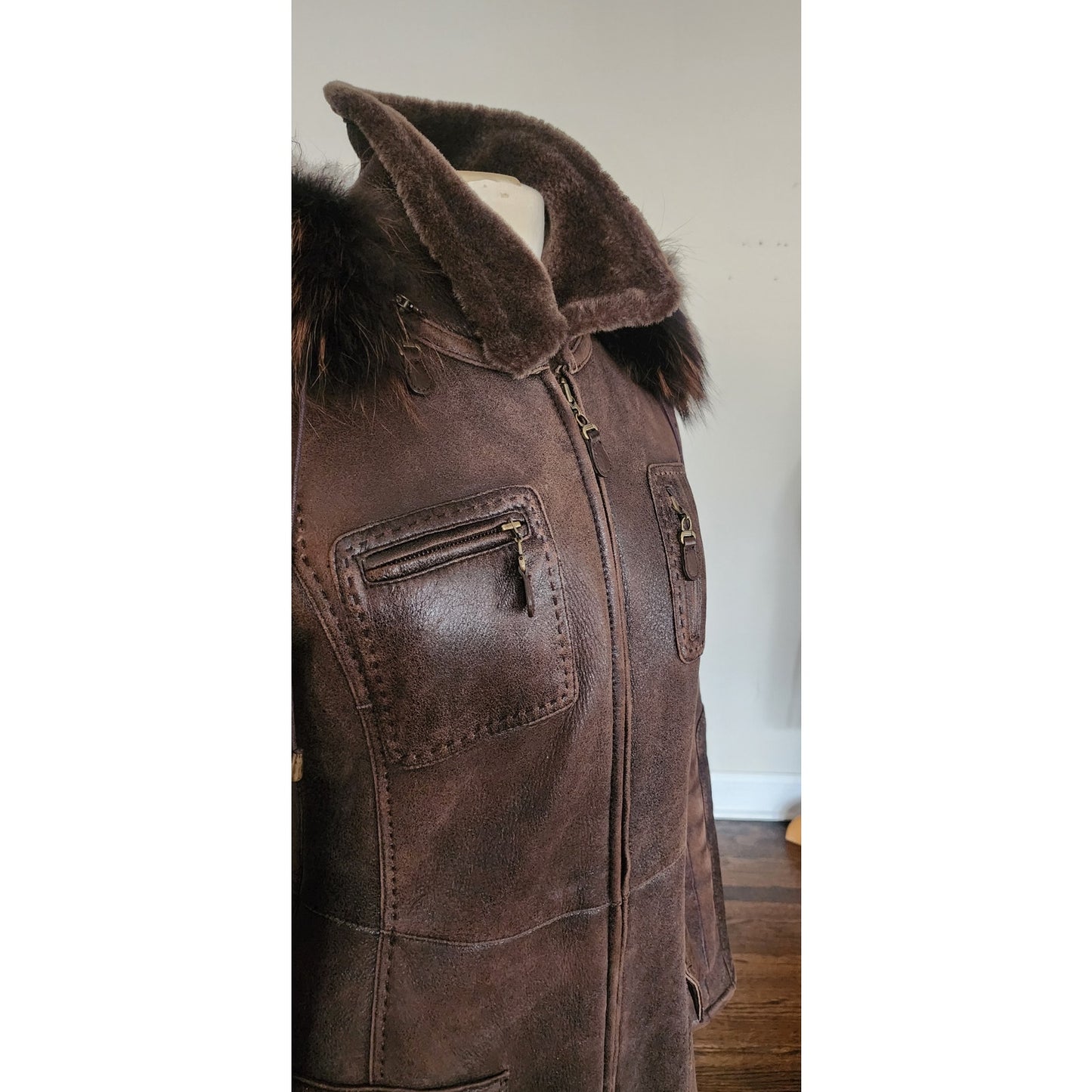 Vintage Y2K Brown Leather Parka Coat w/Fur Lined Hood & Shearling Liner Fitted S