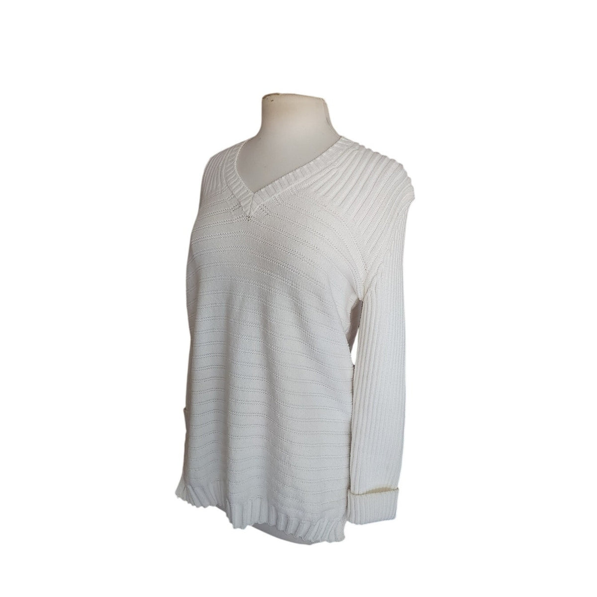 Vintage 1990s Sonia Rykiel Sweater White Knit V Neck Tunic Jumper Textured Stripe Oversized