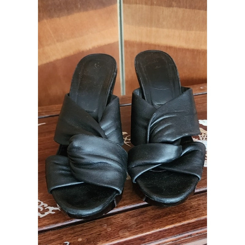 Vintage Robert Clergerie Slides Heels Black Leather Architectural Wedge Sandals Size US 6