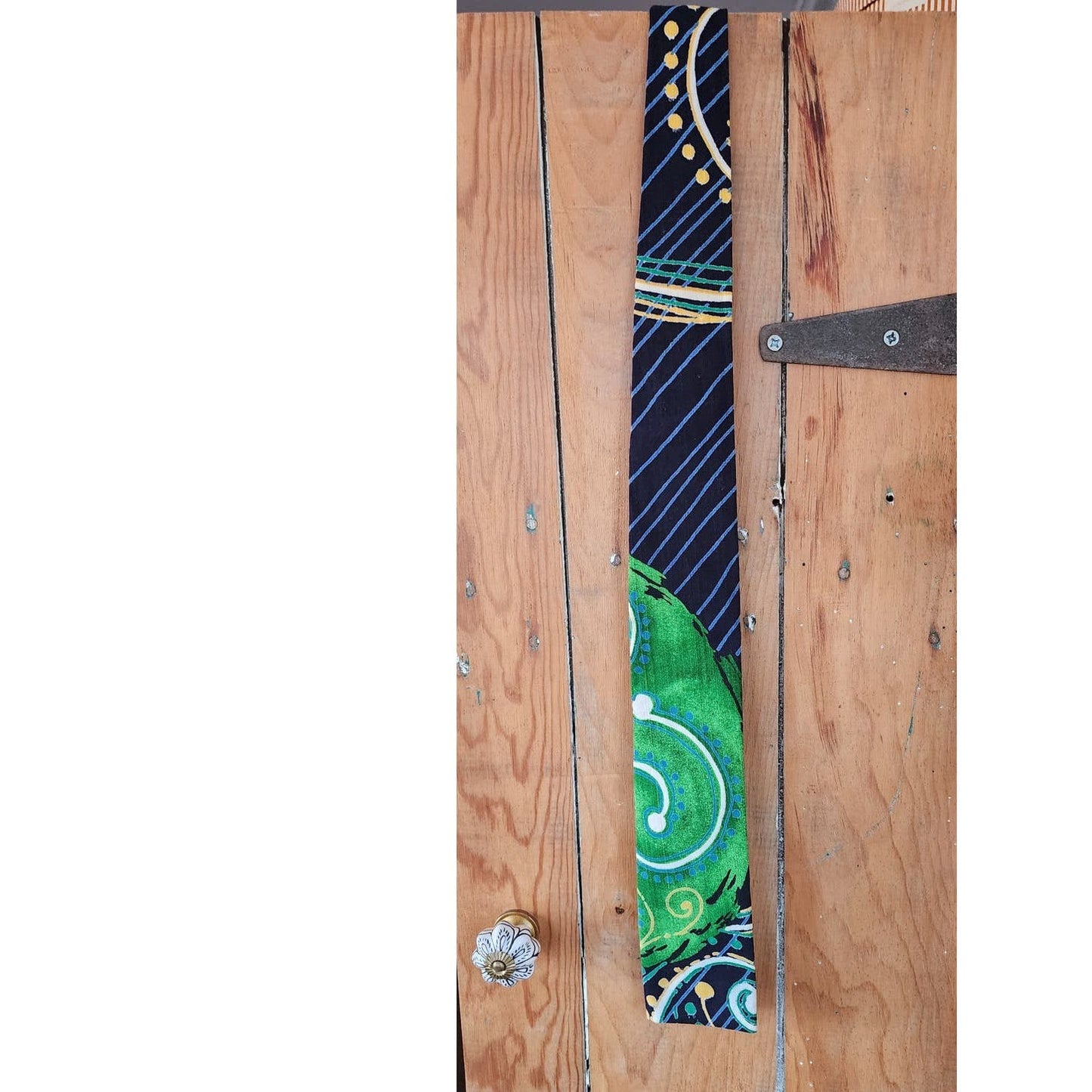 Vintage 50s Mens Tie Flat End Tiki Print Barkcloth Kanaka Hawaii Green Blue