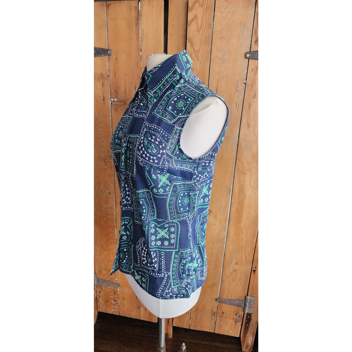 Vintage 70s  Sleeveless Top Bandana Print Blue Green / M