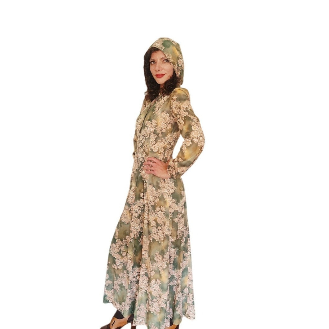 Vintage 1970s Kristie Lou Dress Hooded Floral Maxi Long Sleeve Woodland Fairy