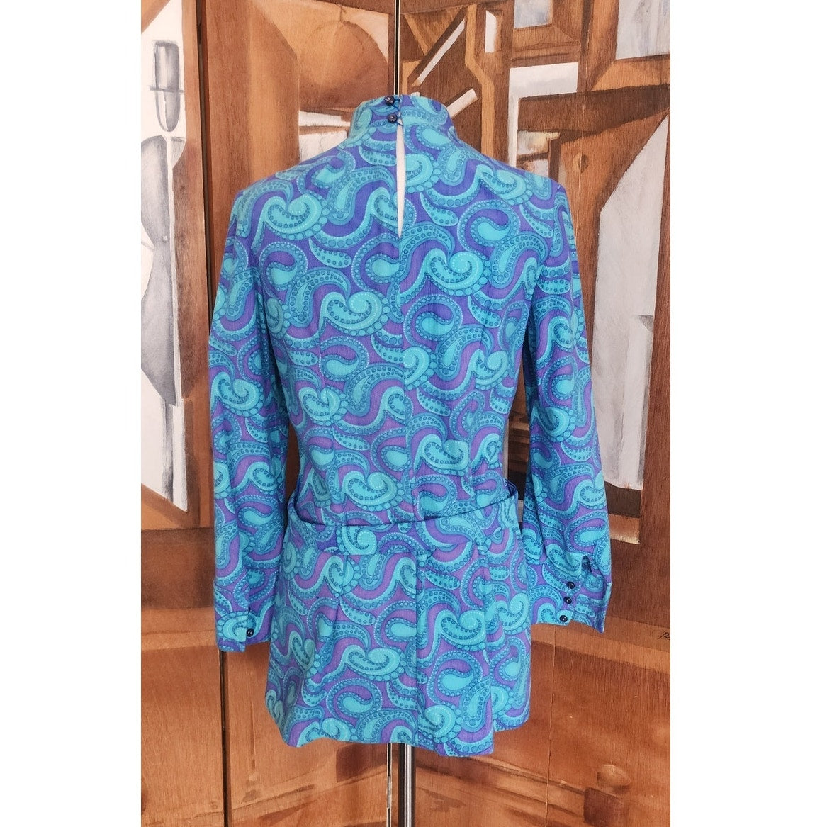 RARE 60s Vintage Blusen Horn German Designer Psychedelic Paisley Mod Tunic Top Blue Purple