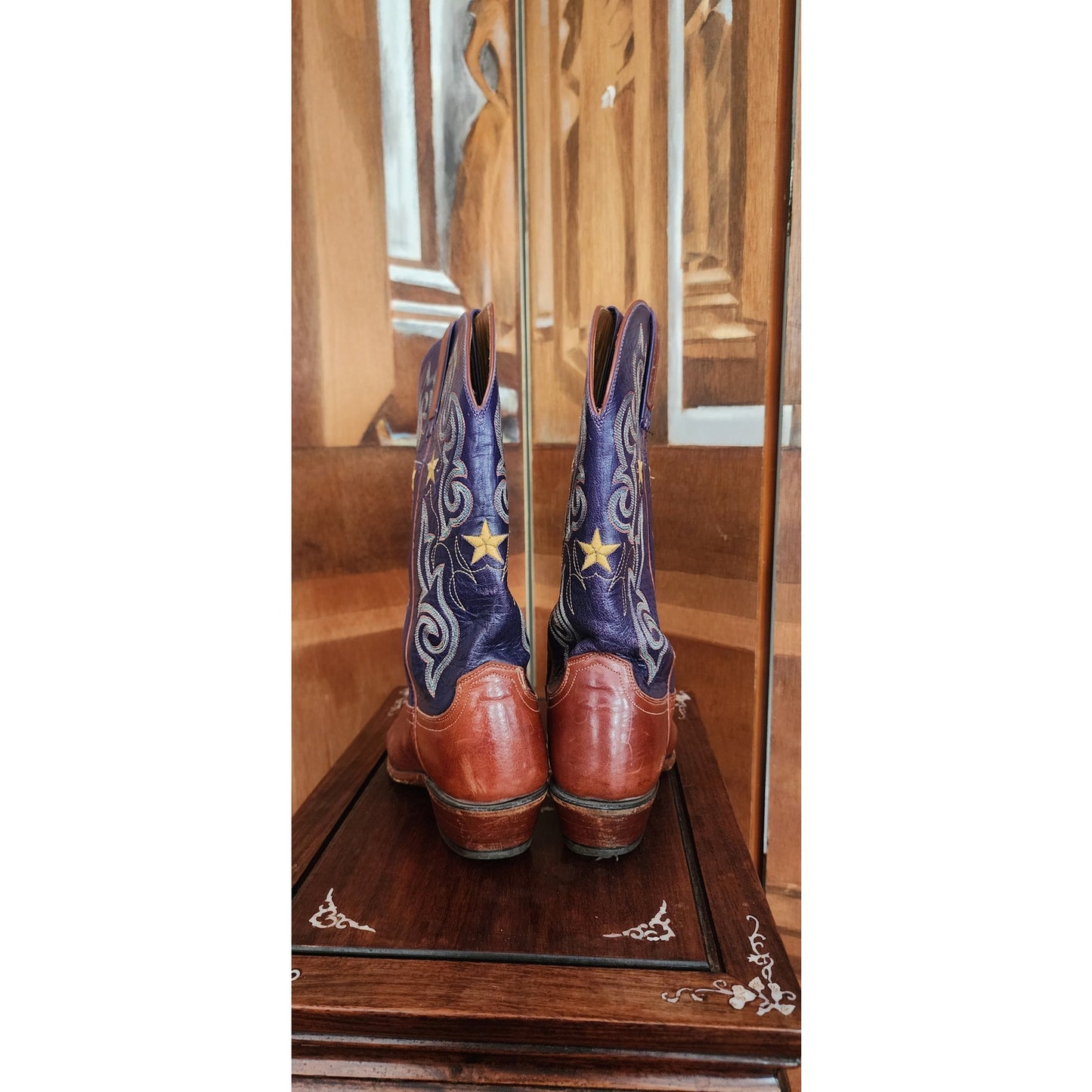 Vintage Y2K Lucchese 1883 Western Boots Blue Leather Star Embroidery Cowgirl Cowboy