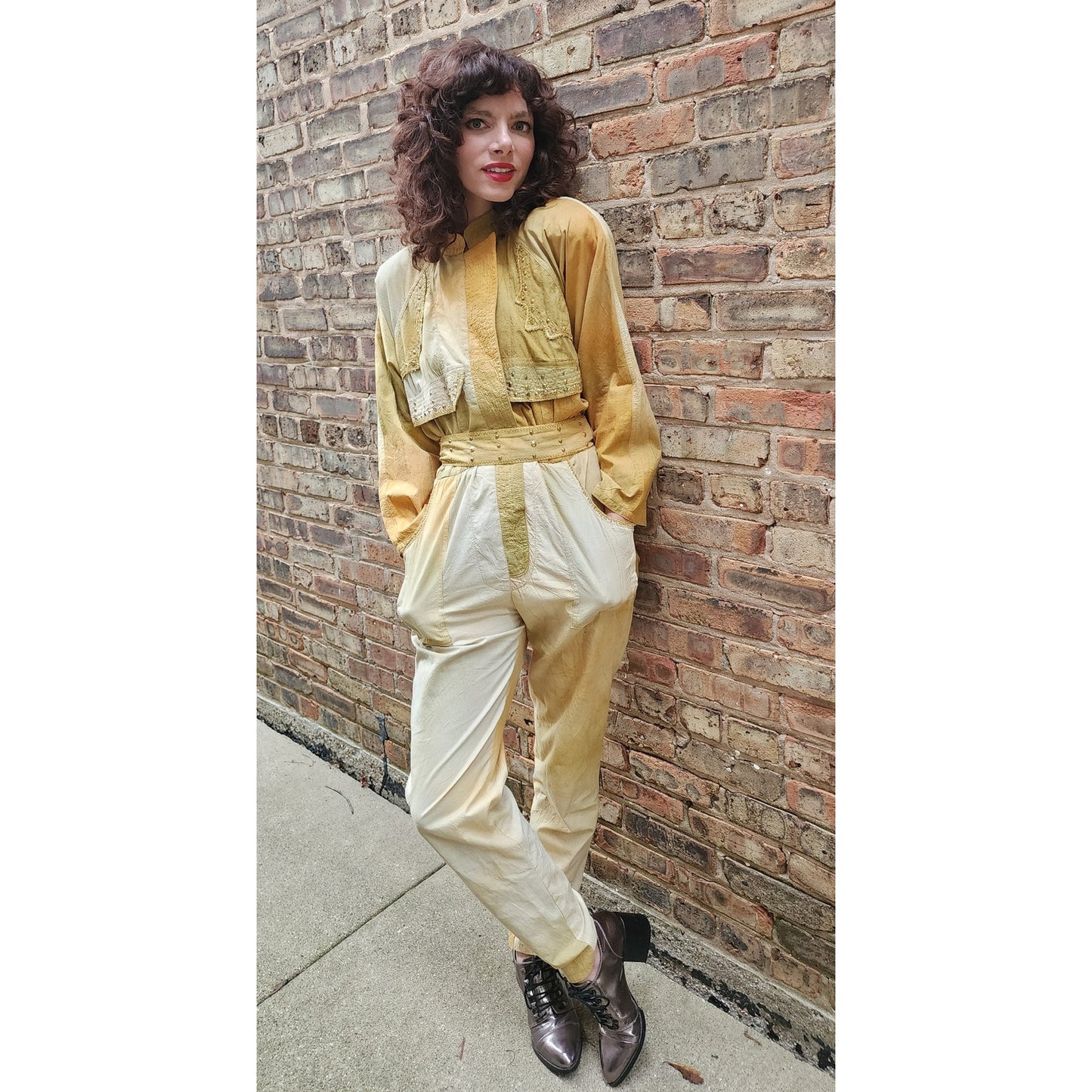 Vintage 80s Jumpsuit Yellow Gold Ombre w/Embroidered Studs Varda Garfinkel