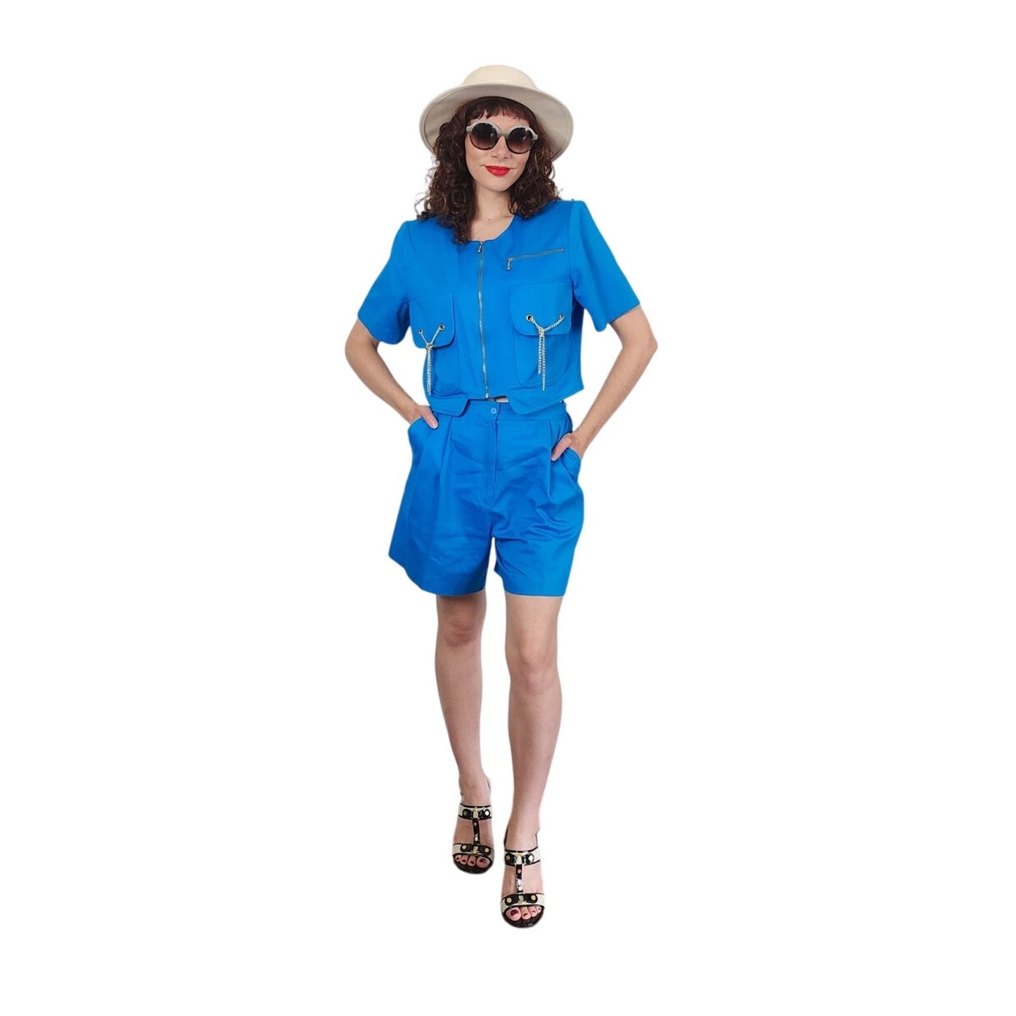 Vintage 90s Blue Jacket + Shorts Set w/Gold Chain Tassels by Oscar & Me Medium