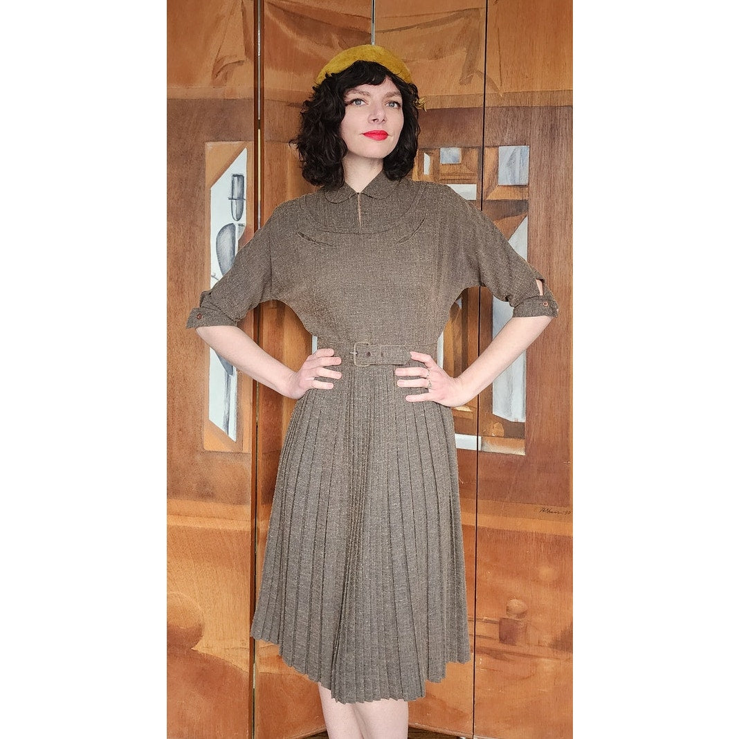 Vintage 40s Brown day Dress w/Belt Nubby Texture Kabro of Houston