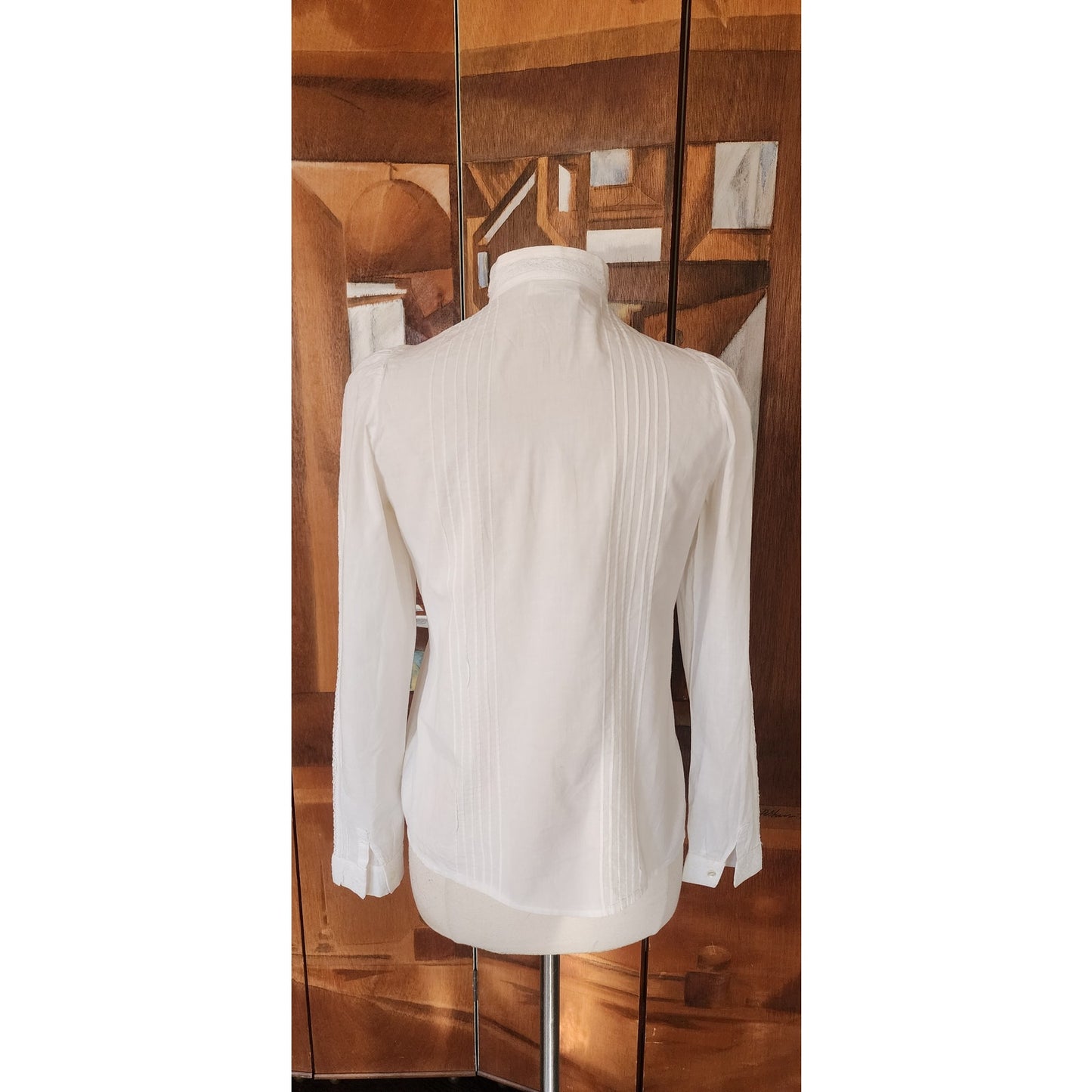 Vintage 70s Laura Ashley Blouse White Cotton Lace Crochet High Collar Puffed Shoulders Neo Edwardian