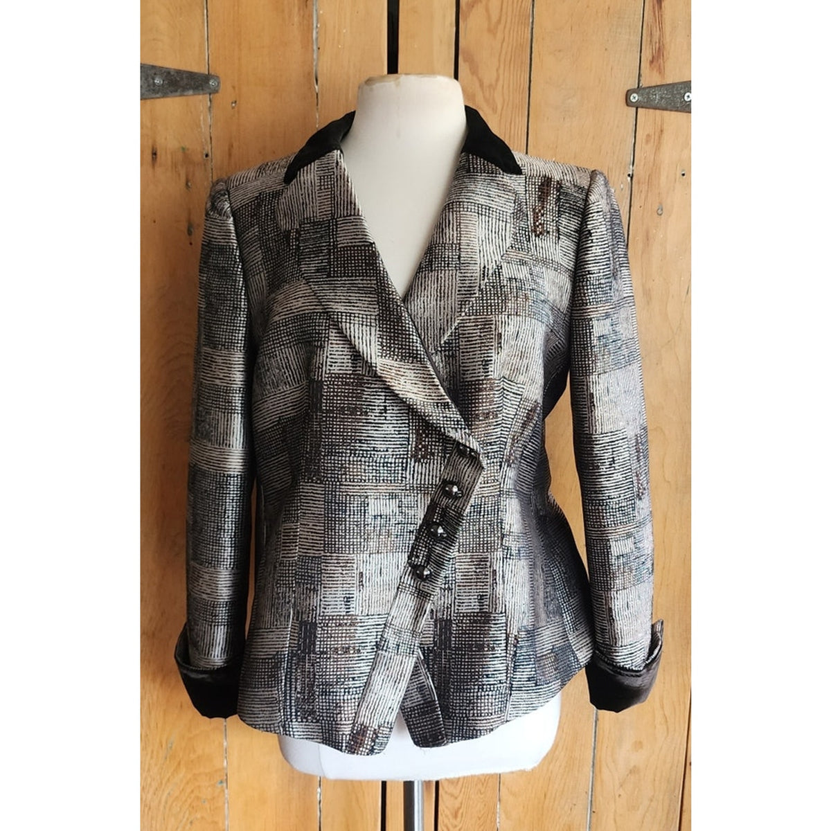 Armani Collezioni Blazer Silver Black Jacket Jacquard Print Asymmetrical Buttons Large