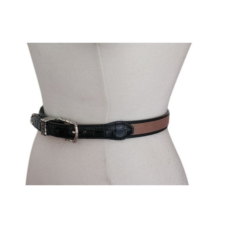 Vintage 1990s Brighton Leather Belt Black Leahter Beige Canvas Silver Buckle 28