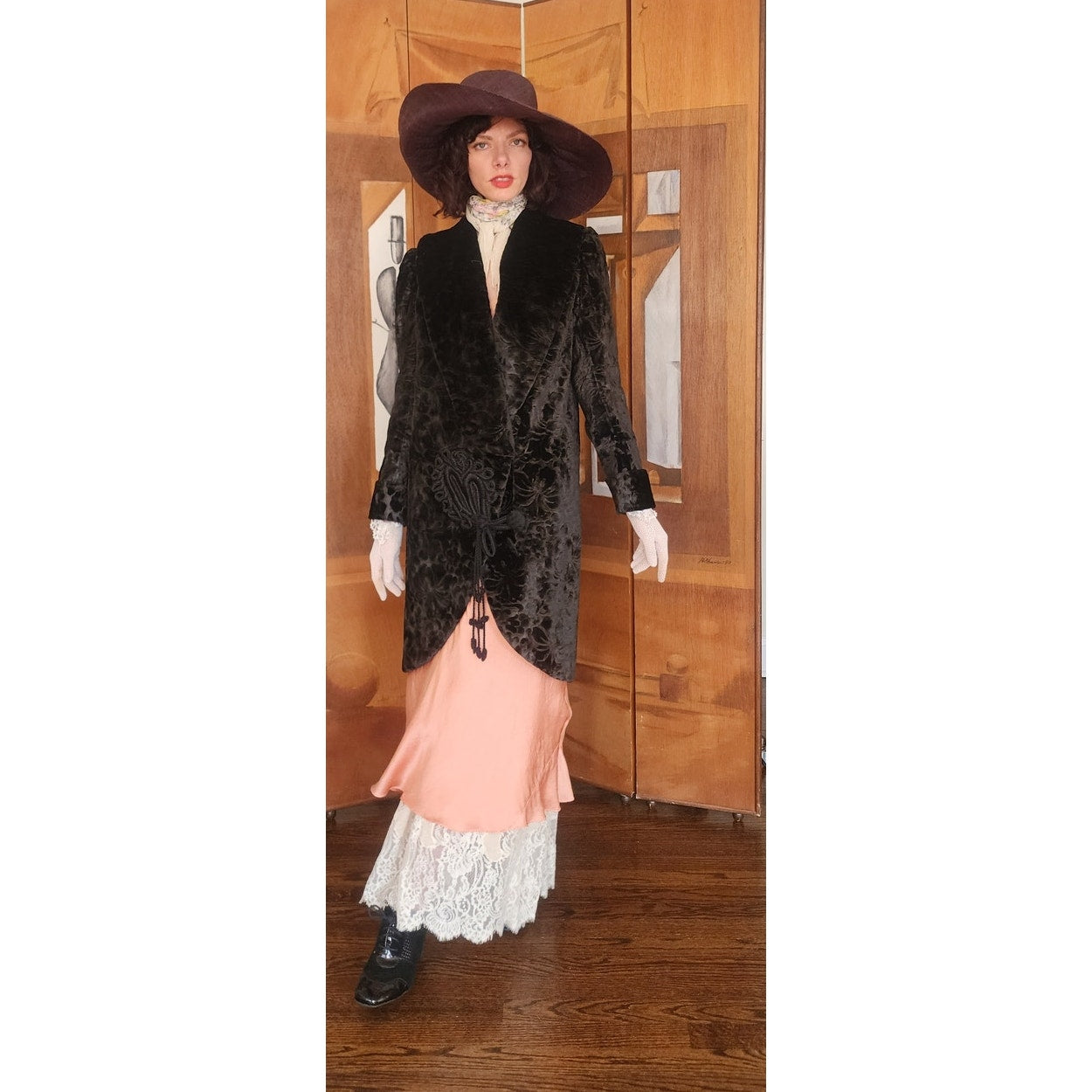 Antique 1910s 20s Edwardian Art Deco Black Textured Silk Velvet Opera Coat Frock Jacket with Silk Chord Knot Closure