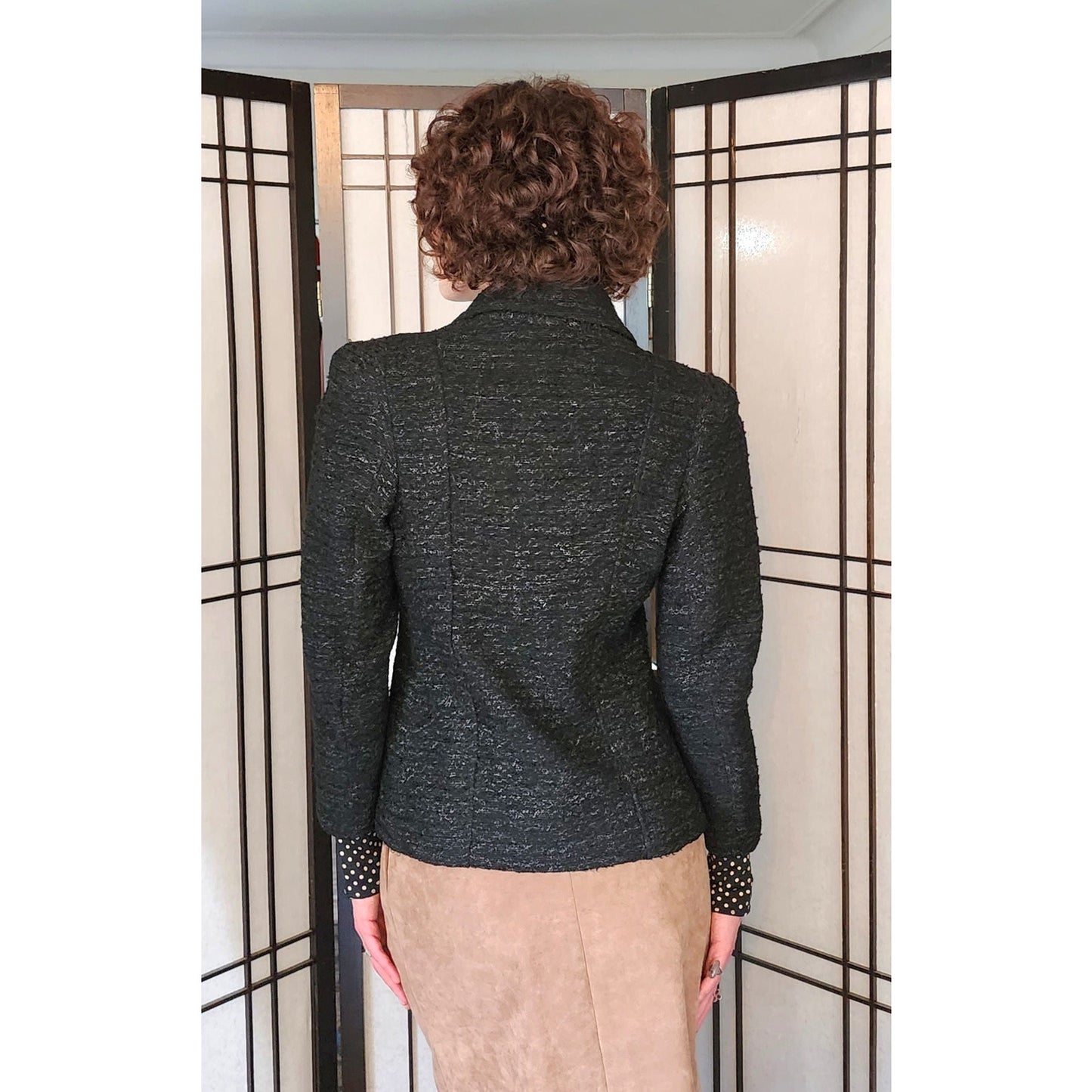 Vintage 40s Black Blazer in Nubby Wool Shiny Buttons / S