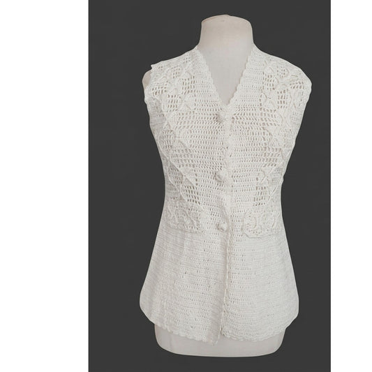 Vintage 1970s Tunic Top White Crochet Knit Lace Romantic Boho Cottagecore