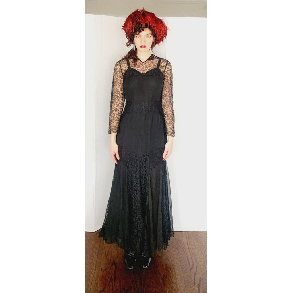 Vintage 30s Evening Dress Black Lace Long Sleeves / S