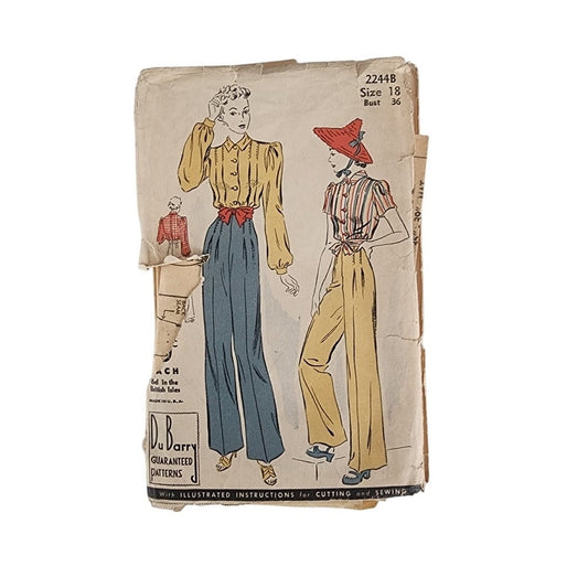 Vintage 30s Sewing Pattern Slacks & Blouse: DuBarry 2244B Bust 36