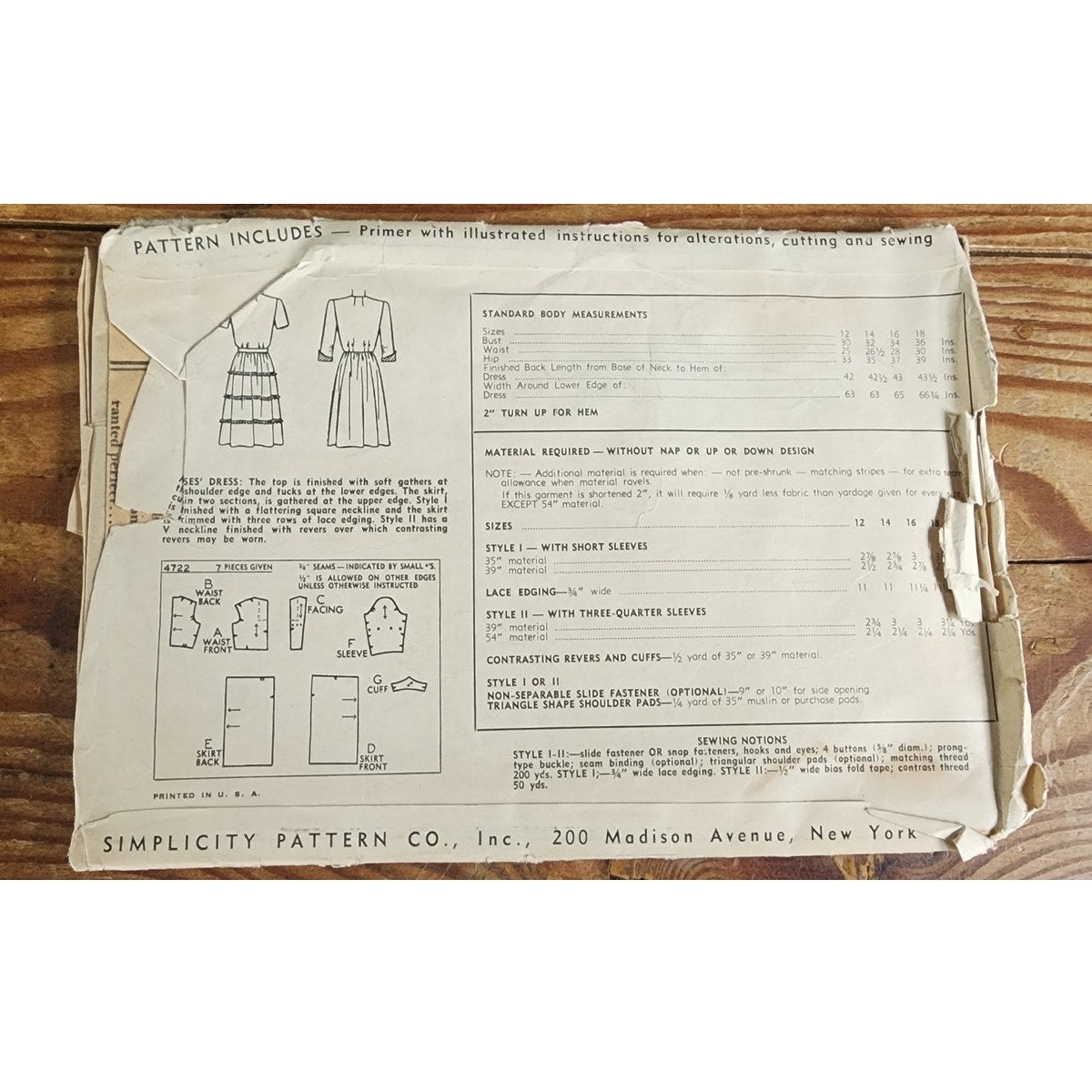 Vintage 40s Sewing Pattern: Belted Dress Simplicity Pattern 4722