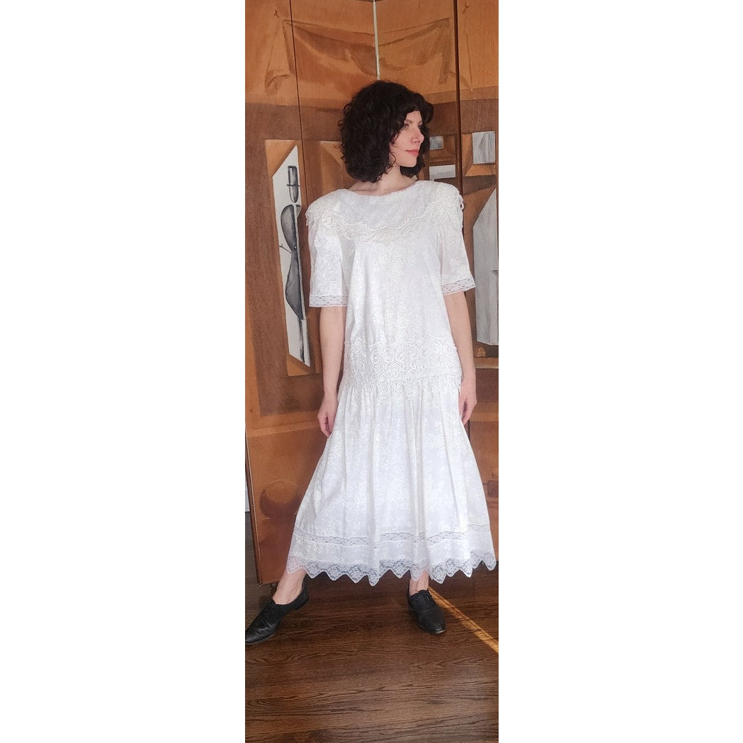 Vintage 80s Scott McClintock White Lace Dress Drop Waist Puffed Sleeves NWT