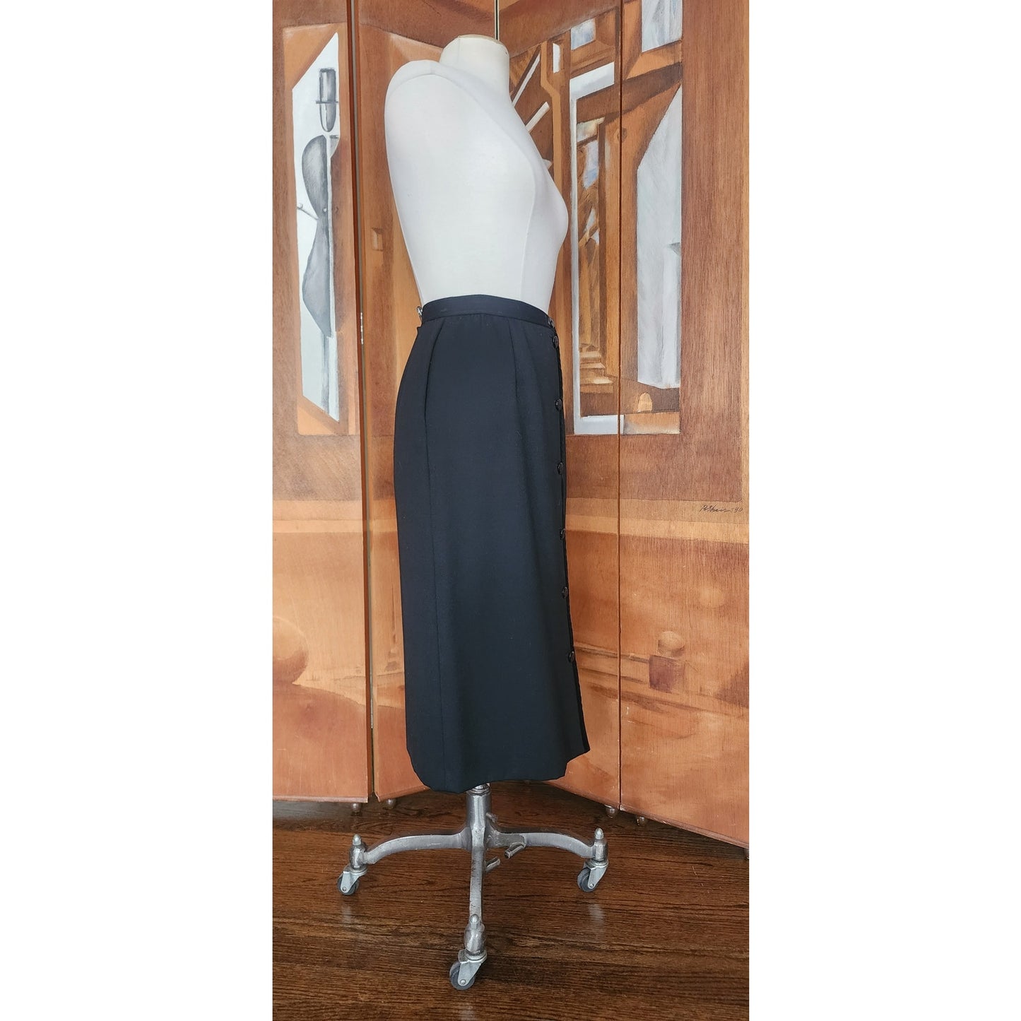 Vintage 1980s VALENTINO Pencil Skirt Black Wool Button Down Midi Medium