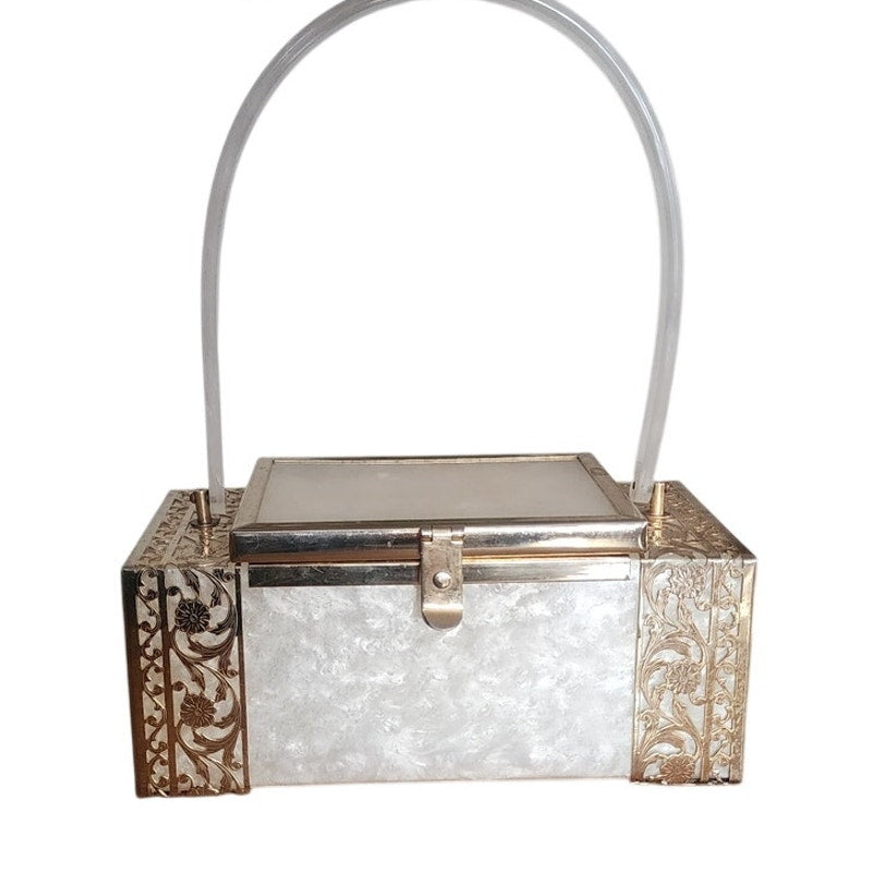 Vintage 1950s TYROLEAN NY Lucite Box Bag Pearl White Silver Filigree Art Deco