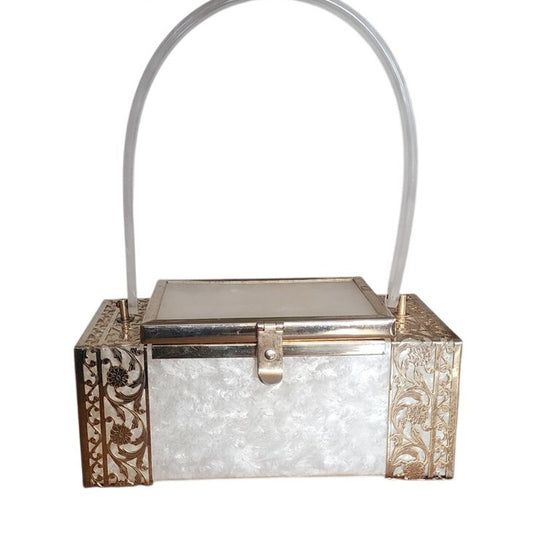 Vintage 1950s TYROLEAN NY Lucite Box Bag Pearl White Silver Filigree Art Deco