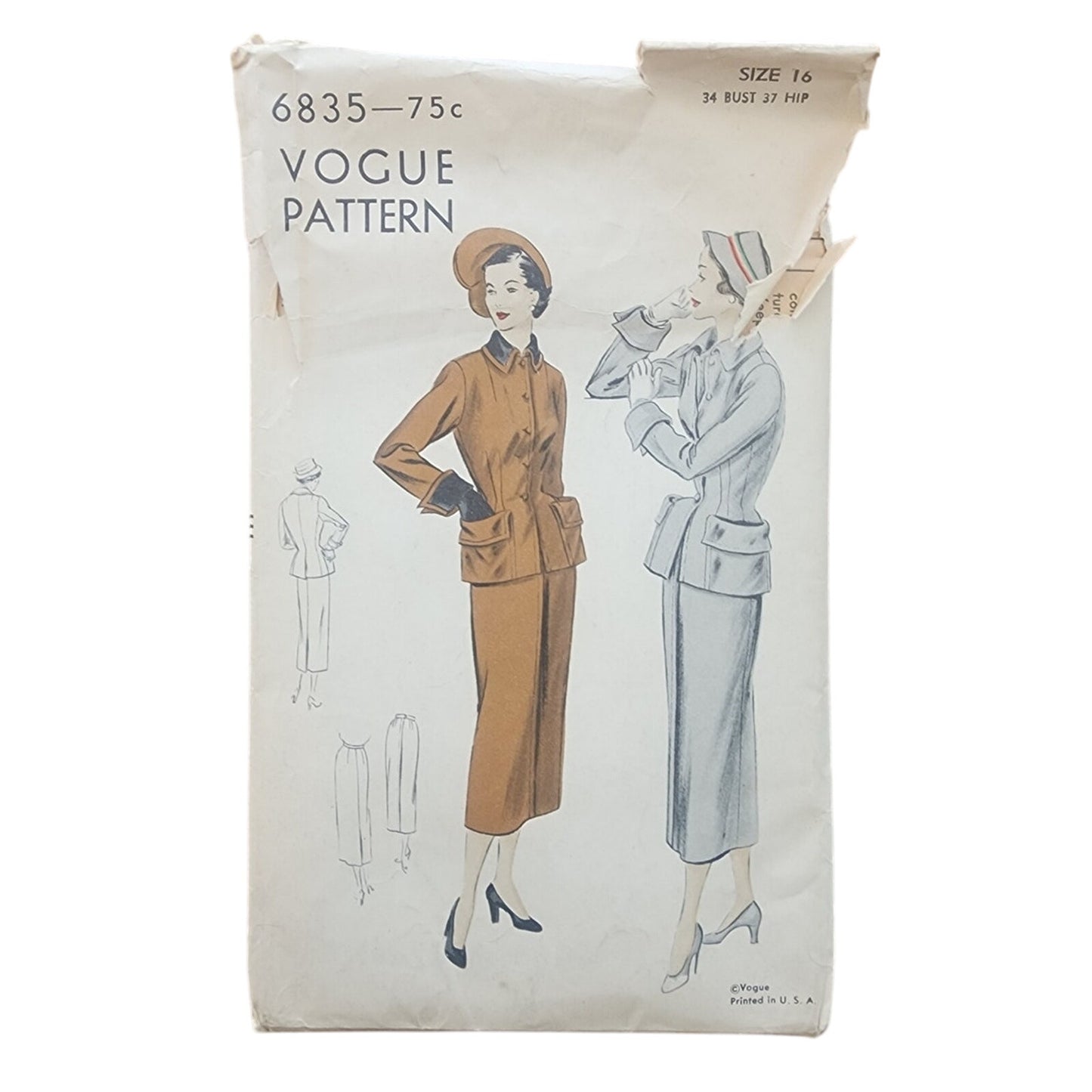 Vintage 40s Sewing Pattern:  Skirt Suit Vogue Pattern 6835 34 Bust