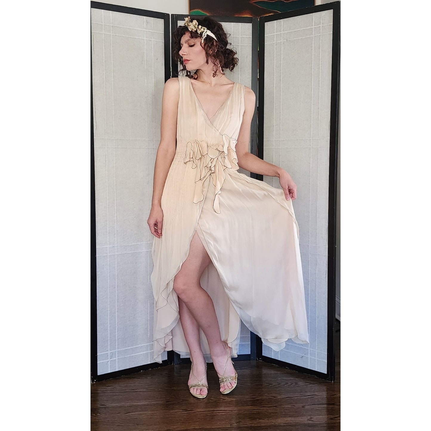 Vintage 2000s Fendi Dress Silk Chiffon Wrap Evening Gown Cream NWT Bergdorf Goodman